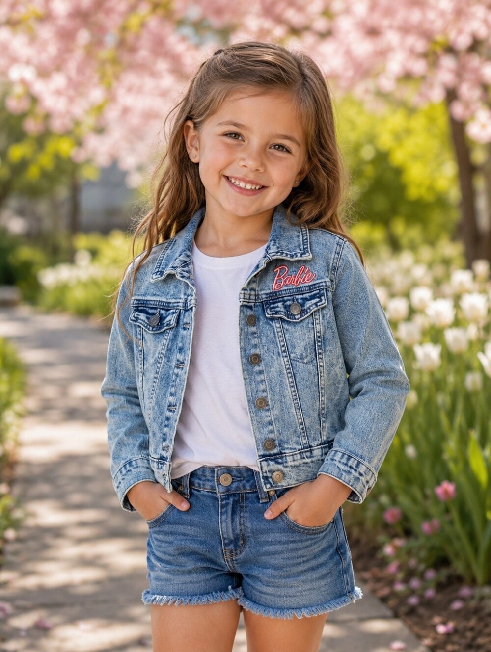 Barbie Light Wash Blue Denim Jean Jacket with Pink Logo Size S (6-6x)